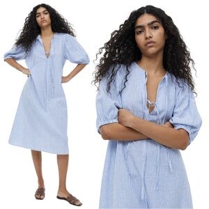 H&M ✨ Tie Front Linen Blend Midi Dress Balloon Sleeves size Medium